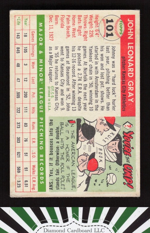 1955 Topps #101 Johnny Gray VG+ q, back