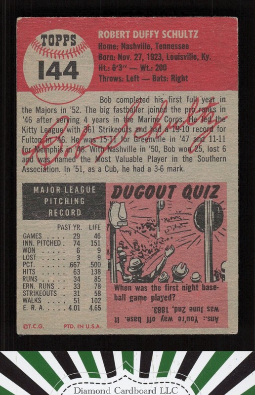 1953 Topps #144 Bob Schultz : Bio uses black text GD c, back