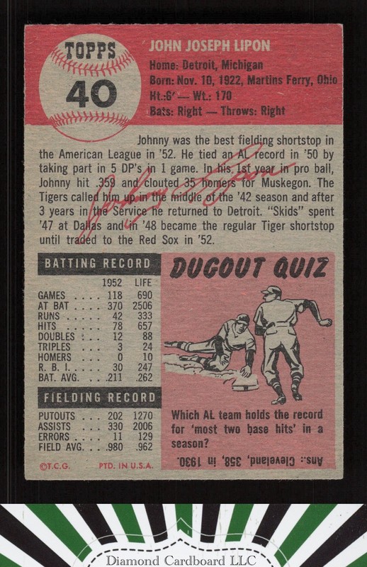 1953 Topps #40 Johnny Lipon EX f, back