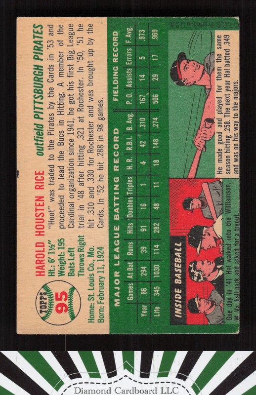 1954 Topps #95 Hal Rice VGEX (MC) f, back