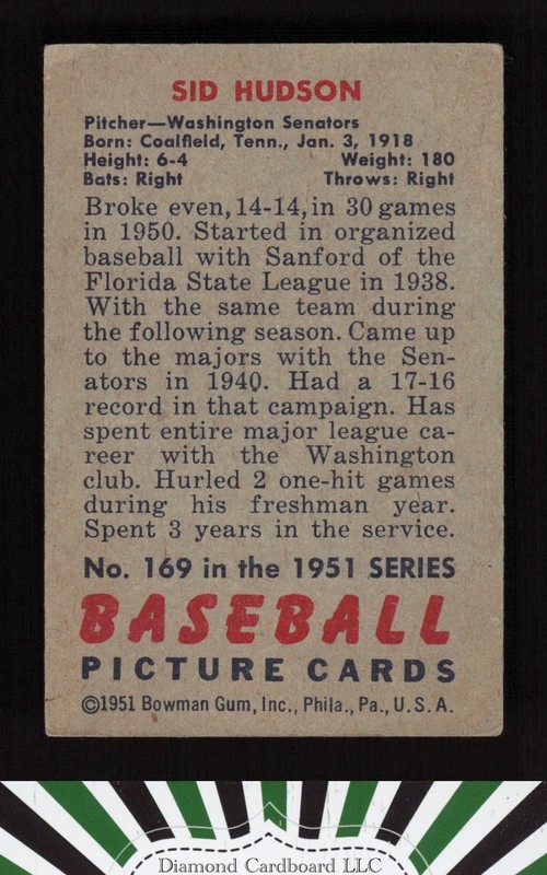 1951 Bowman #169 Sid Hudson VG, back