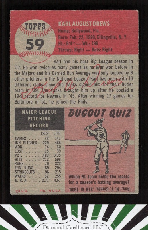 1953 Topps #59 Karl Drews VGEX (ST) g, back