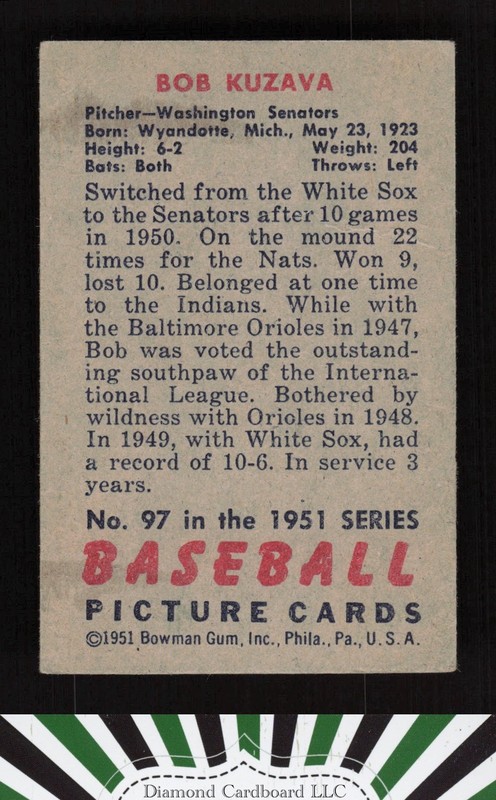 1951 Bowman #97 Bob Kuzava VG, back