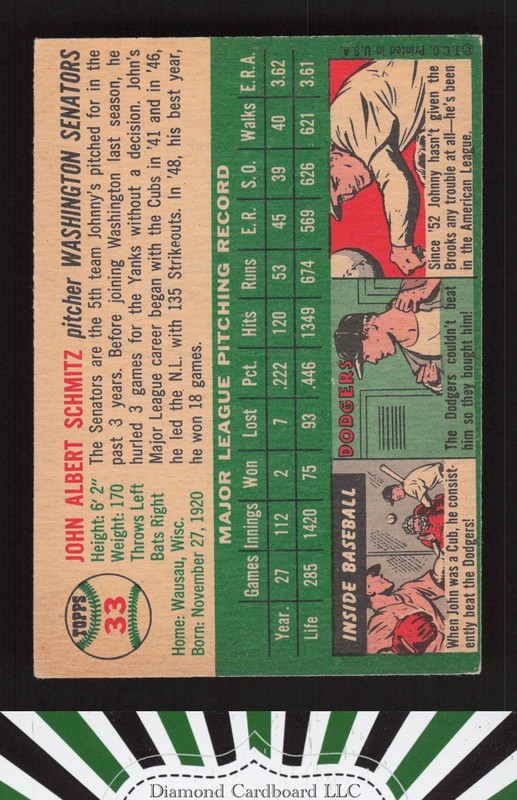1954 Topps #33 Johnny Schmitz VG g, back