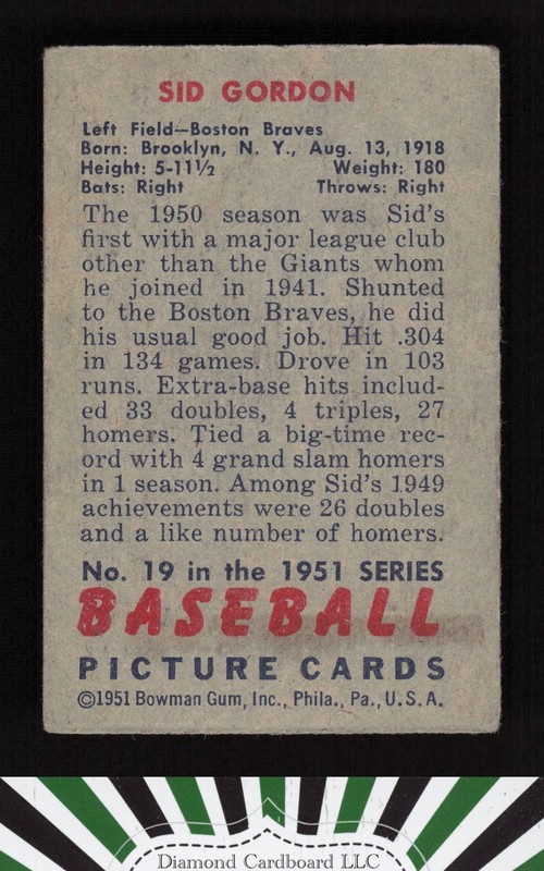 1951 Bowman #19 Sid Gordon GD, back