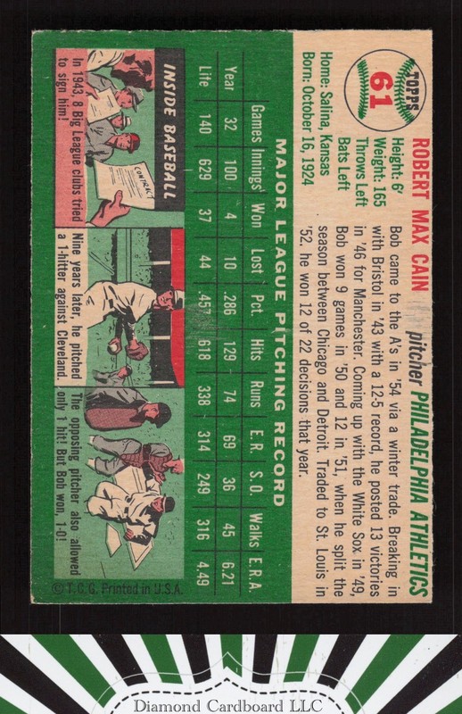 1954 Topps #61 Bob Cain VGEX o, back