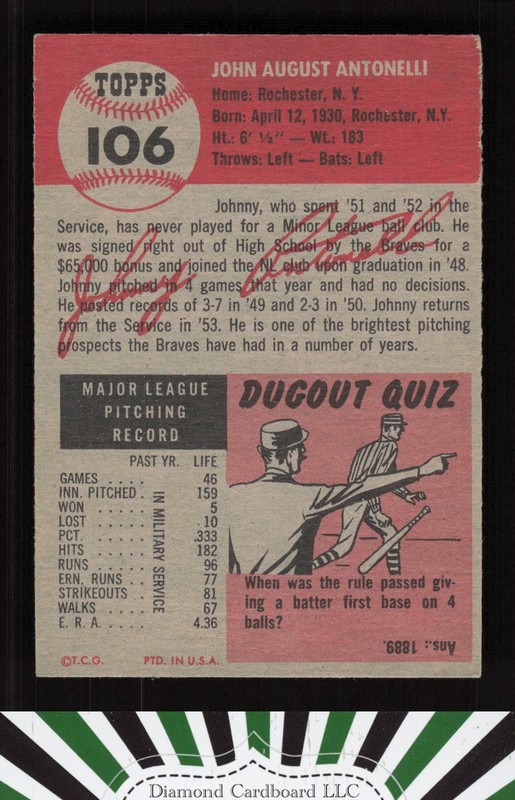 1953 Topps #106 John Antonelli : Bio uses black text EX+ f, back