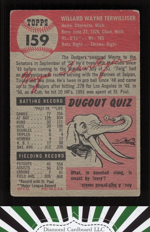 1953 Topps #159 Wayne Terwilliger : Bio uses white text FR a, back