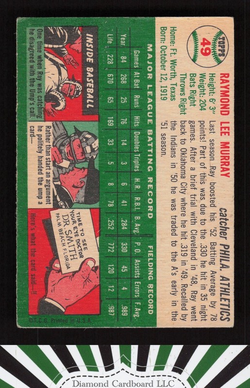 1954 Topps #49 Ray Murray VG d, back