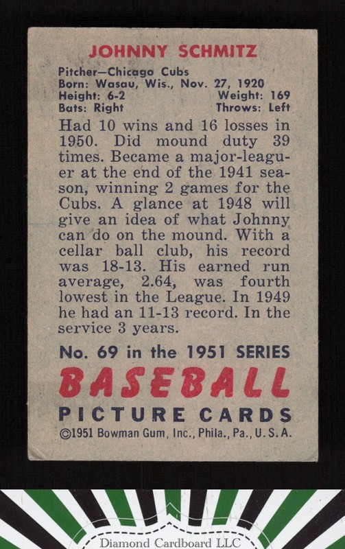 1951 Bowman #69 Johnny Schmitz VGEX, back