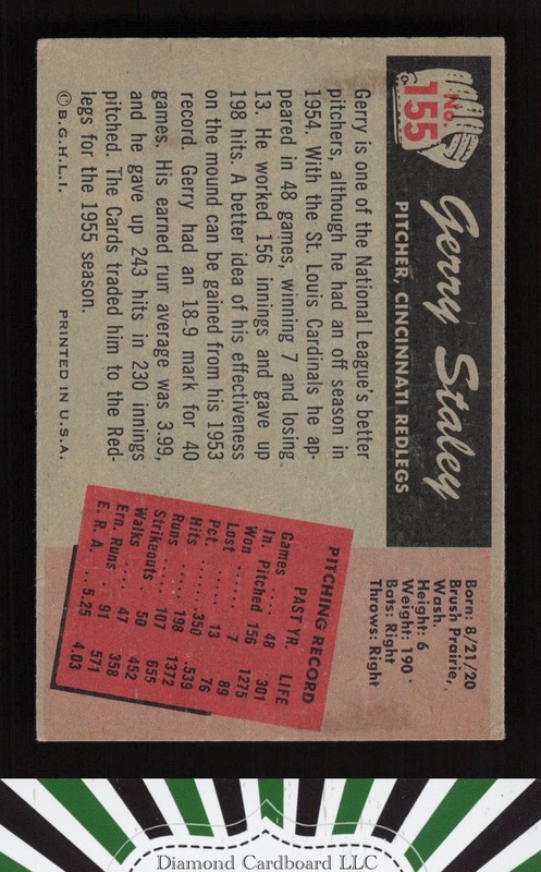 1955 Bowman #155 Jerry Staley VGEX, back