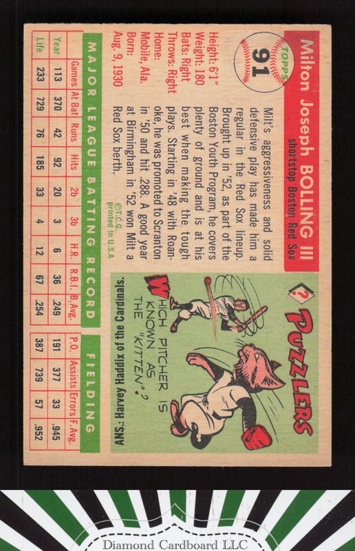 1955 Topps #91 Milt Bolling VGEX c, back