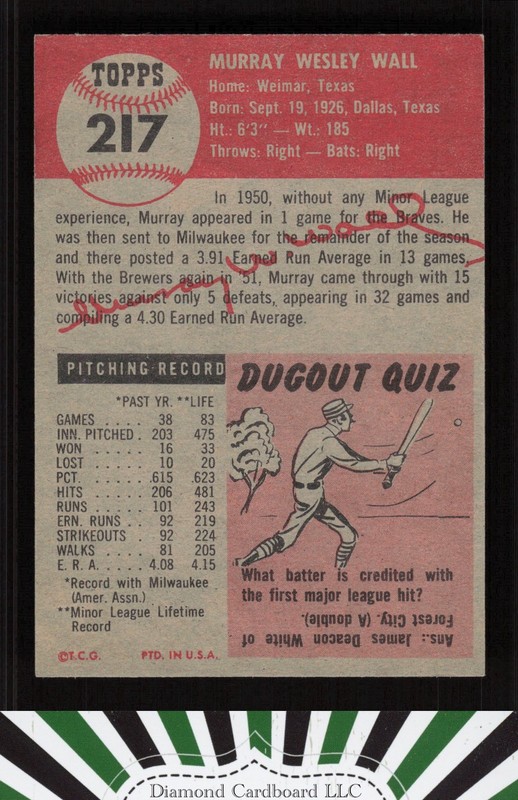 1953 Topps #217 Murray Wall NM+ f, back