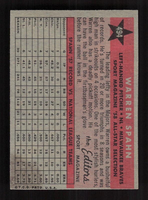 1958 Topps #494 Warren Spahn NM (ST) e, back