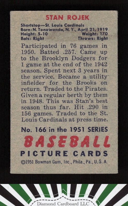 1951 Bowman #166 Stan Rojek GD (MISCUT), back