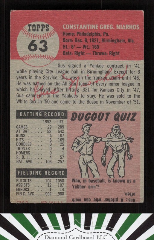 1953 Topps #63 Gus Niarhos VGEX (MC) e, back