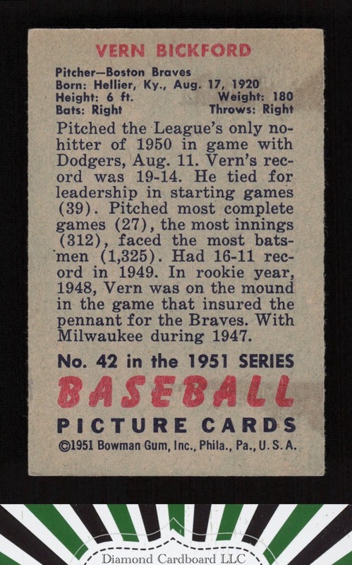1951 Bowman #42 Vern Bickford VGEX, back