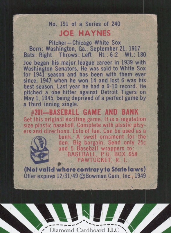 1949 Bowman #191 Joe Haynes VG+, back