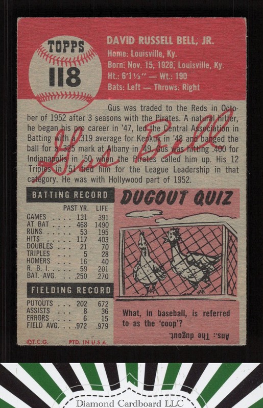 1953 Topps #118 Gus Bell : Bio uses white text VGEX b, back