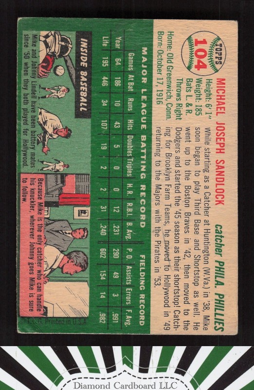 1954 Topps #104 Mike Sandlock GD j, back