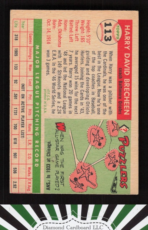 1955 Topps #113 Harry Brecheen VGEX (MC) d, back