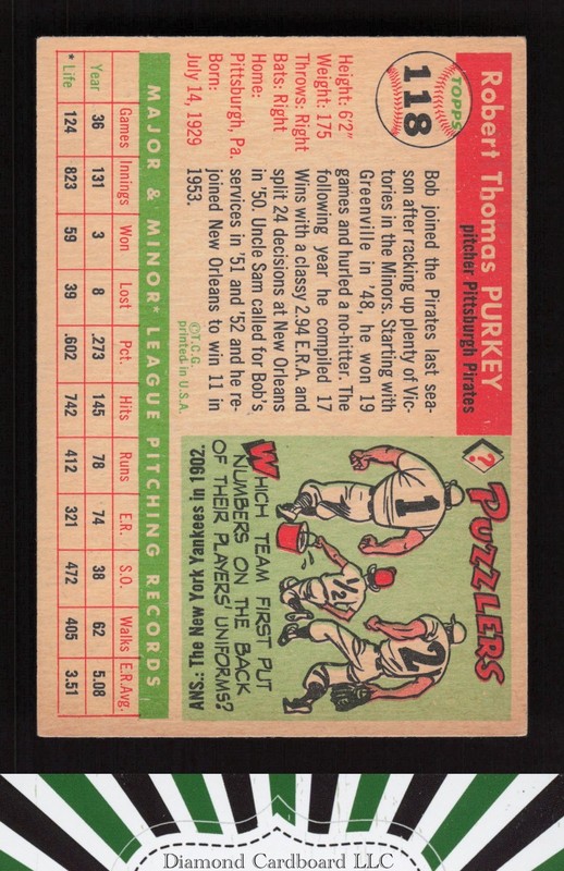 1955 Topps #118 Bob Purkey VG k, back