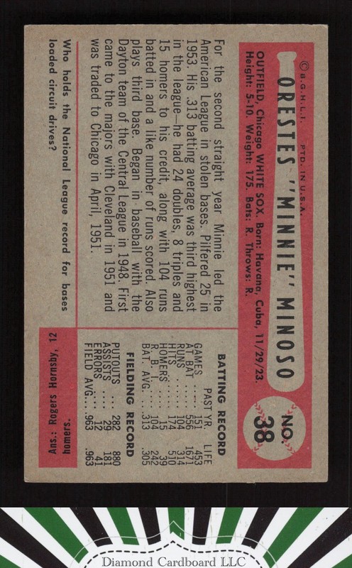 1954 Bowman #38b Orestes Minoso .963/.963 EX c, back