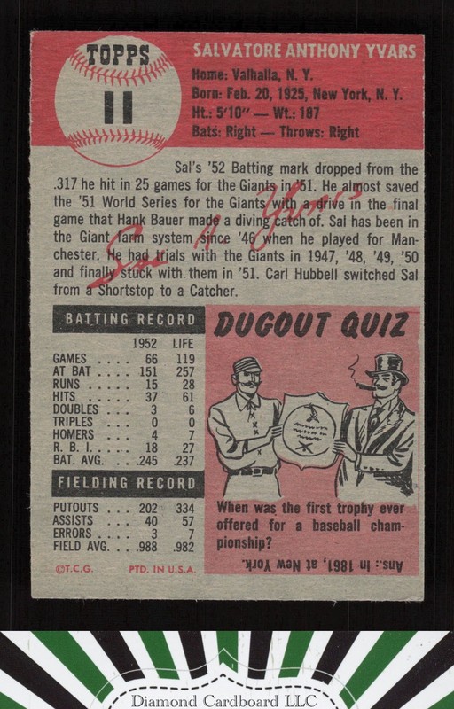 1953 Topps #11 Sal Yvars VGEX h, back
