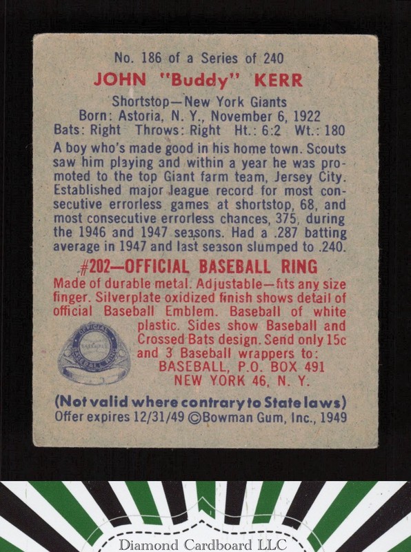 1949 Bowman #186 John "Buddy" Kerr VGEX a, back