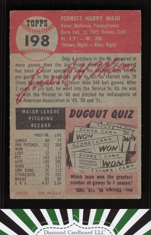 1953 Topps #198 Forrest Main VG+ d, back