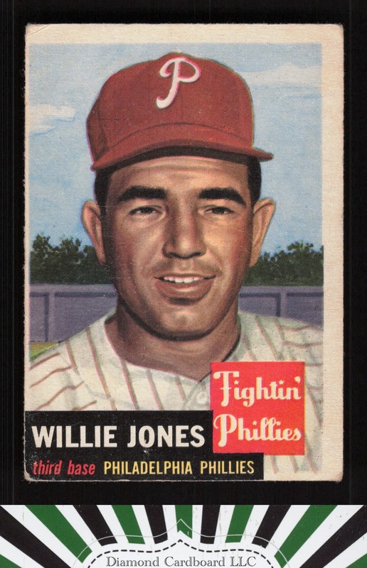 1953 Topps #88 Willie Jones : Bio uses white text GD a, front