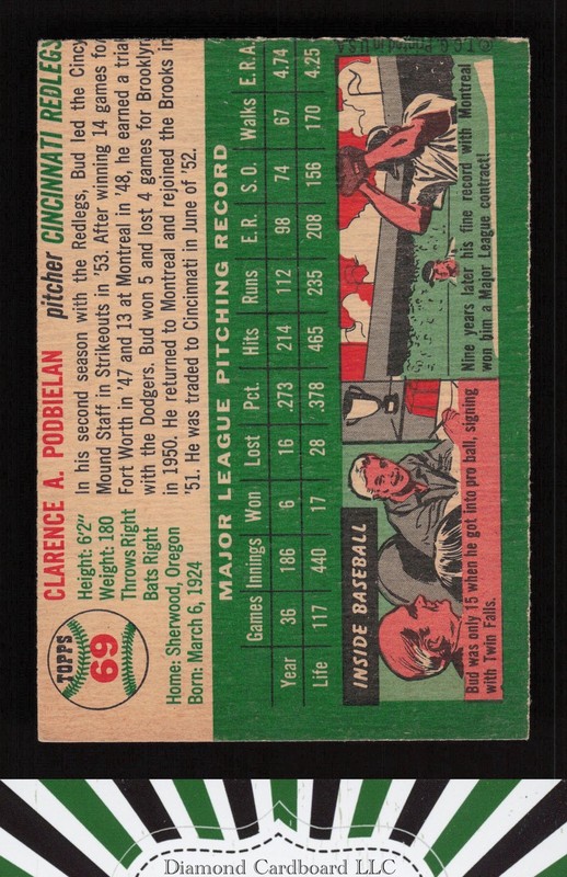 1954 Topps #69 Bud Podbielan VGEX (MC) d, back