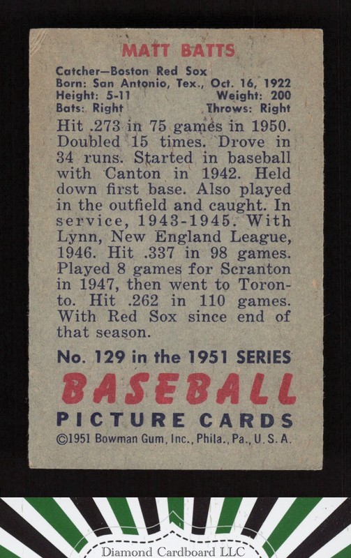 1951 Bowman #129 Matt Batts VGEX, back