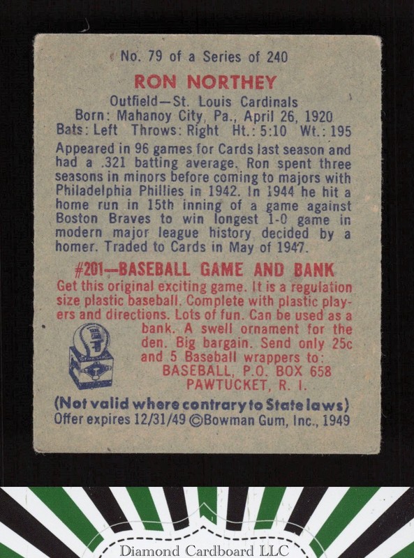 1949 Bowman #79 Ron Northey VG a, back