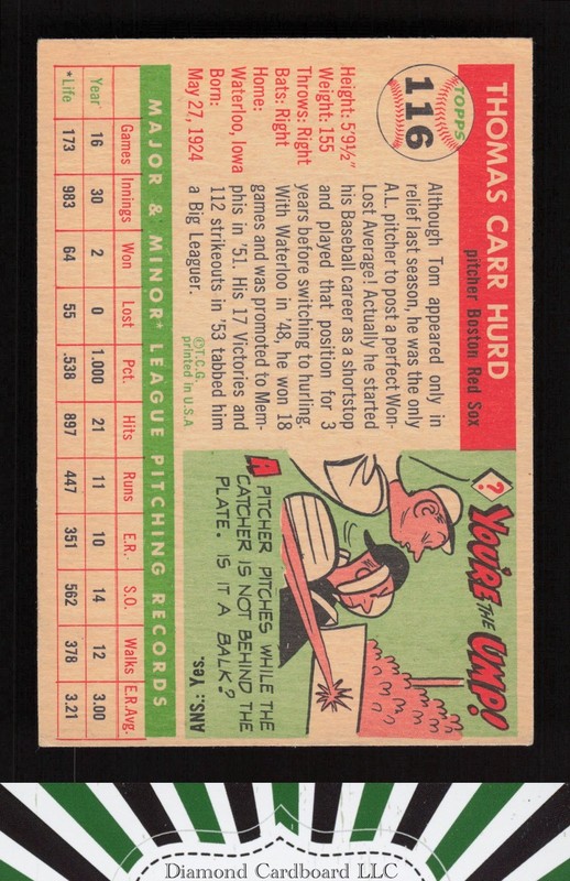 1955 Topps #116 Tom Hurd EX d, back