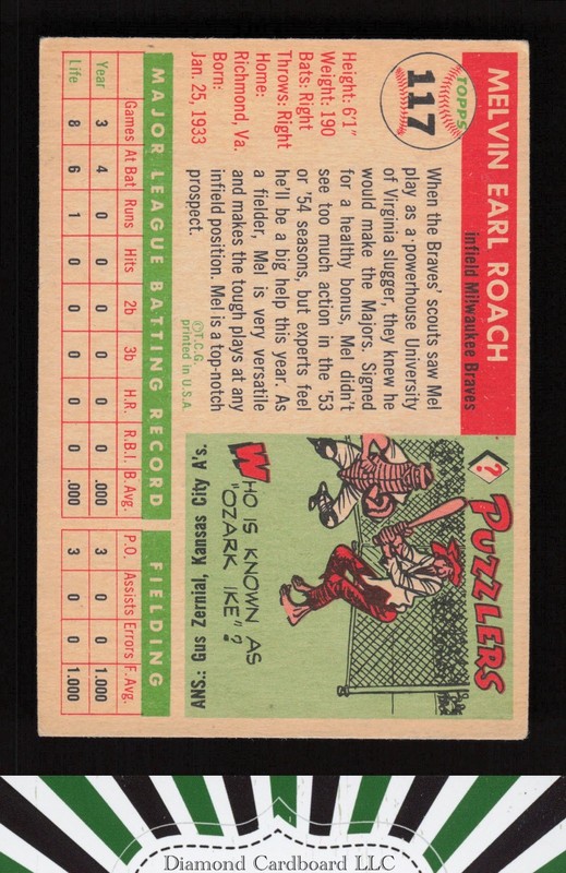 1955 Topps #117 Mel Roach VGEX d, back