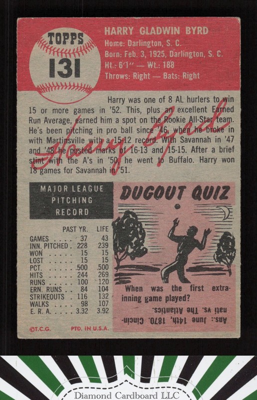1953 Topps #131 Harry Byrd : Bio uses white text VGEX c, back