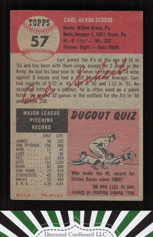 1953 Topps #57 Carl Scheib VG+ g, back