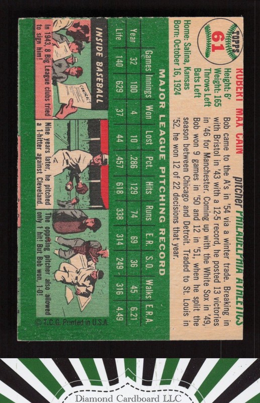 1954 Topps #61 Bob Cain VGEX j, back