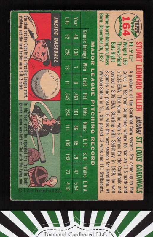 1954 Topps #164 Stu Miller VGEX g, back