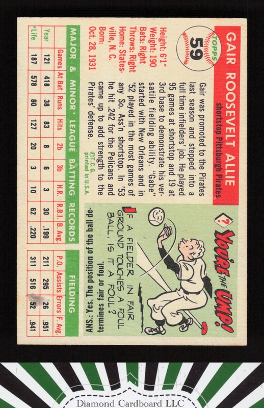 1955 Topps #59 Gair Allie VGEX+ [GREAT EYE APPEAL] j, back