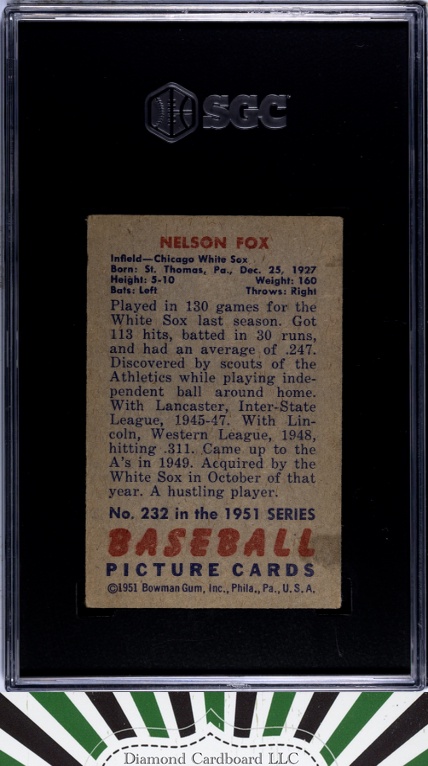 1951 Bowman #232 Nelson Fox SGC 4 [CENTERED], back