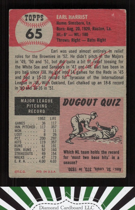 1953 Topps #65 Earl Harrist VG+ a, back