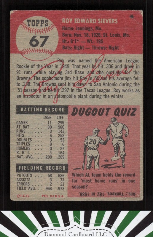 1953 Topps #67 Roy Sievers FR a, back