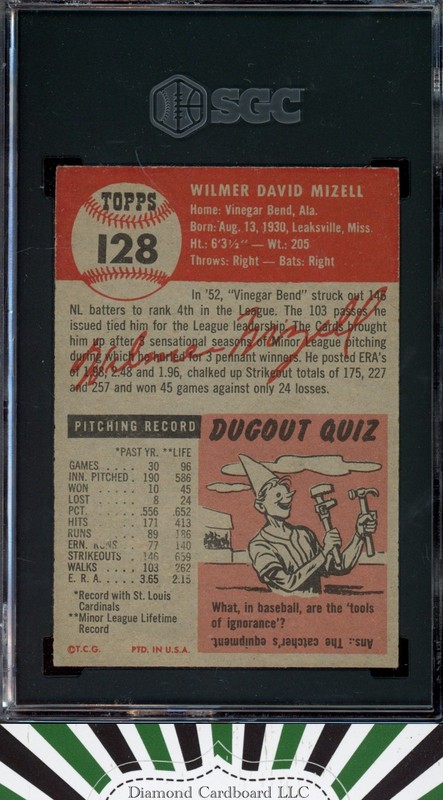 1953 Topps #128 Wilmer Mizell SGC 7, back