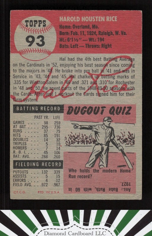 1953 Topps #93 Hal Rice : Bio uses black text VG+ d, back