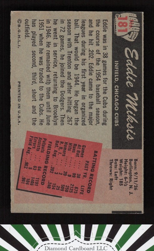 1955 Bowman #181 Eddie Miksis VGEX, back