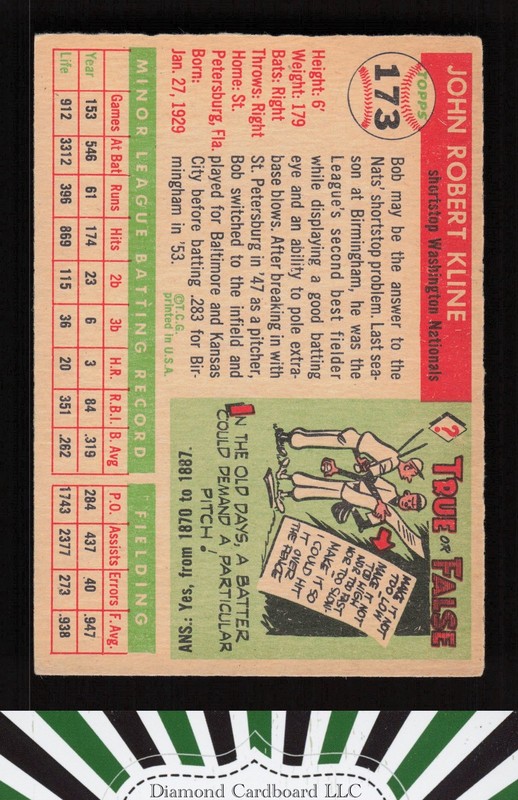 1955 Topps #173 Bob Kline VGEX+ [GREAT CENTERING] b, back