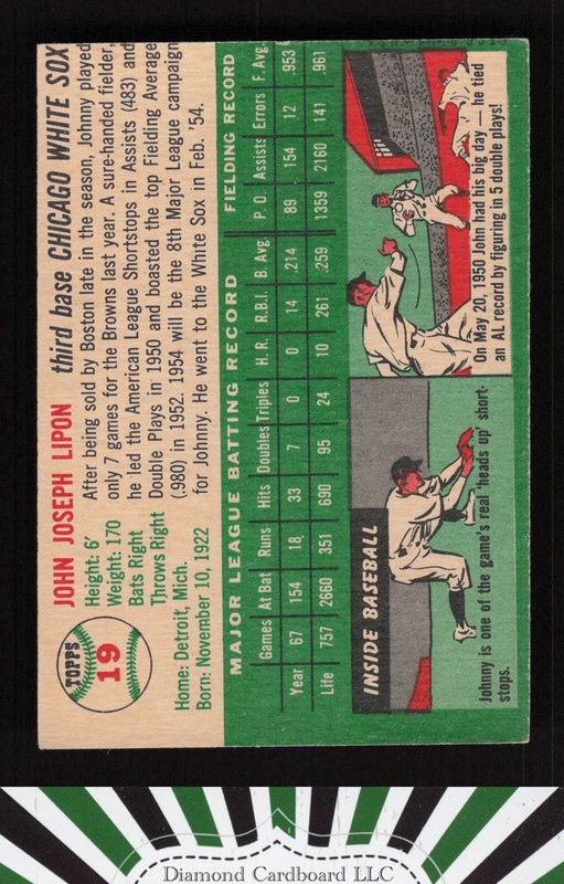 1954 Topps #19 Johnny Lipon VGEX h, back