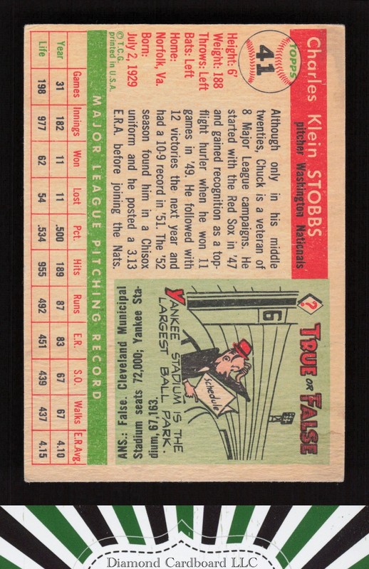 1955 Topps #41 Chuck Stobbs VGEX f, back